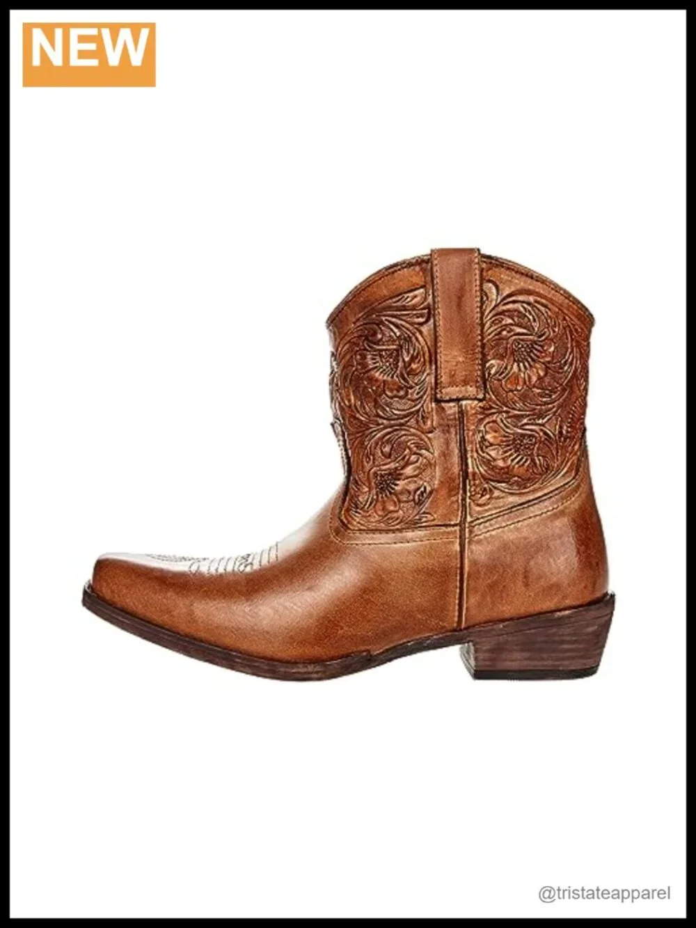 Women's Western Boots Ankle Low Heel Tooled Leather Pull-On